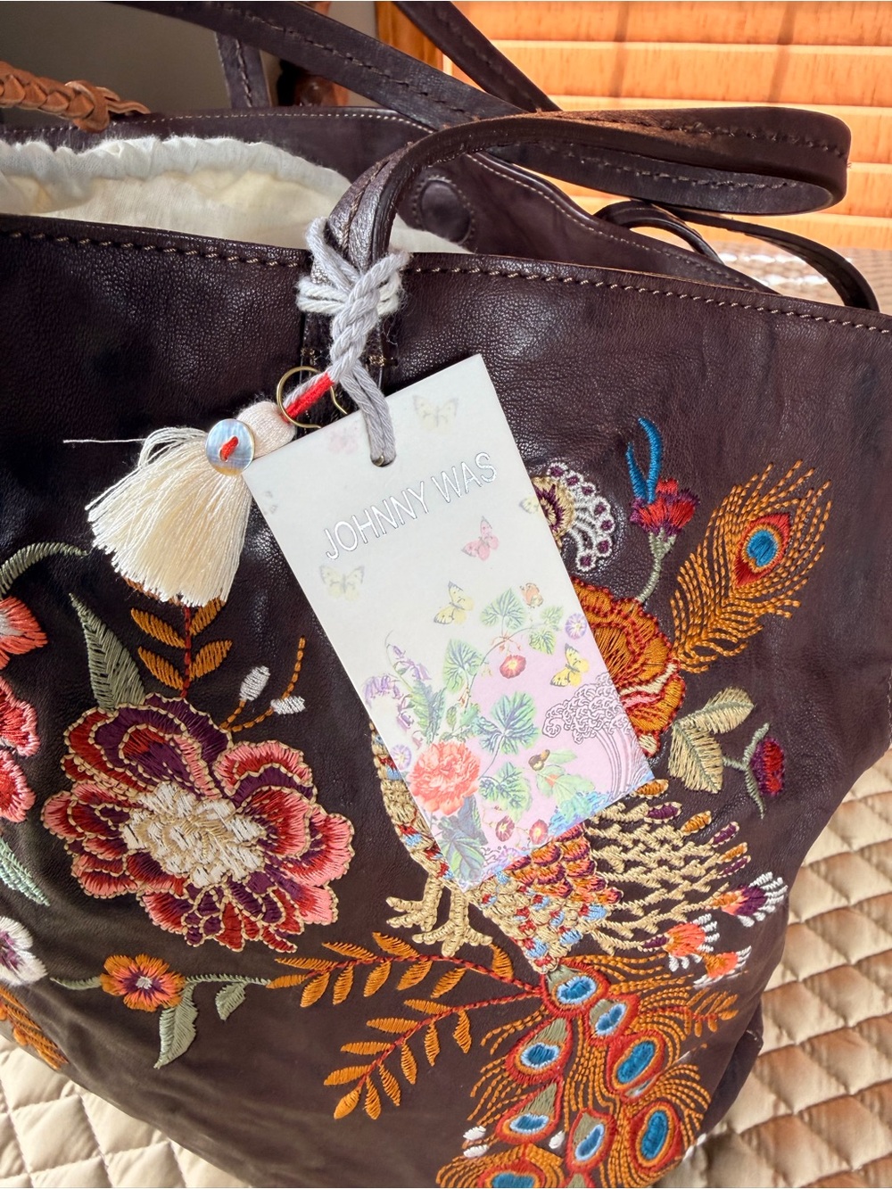 Johnny Was Brown Leather Annanke Tippi Tote Embroidered Floral Leather Bag, NWT - Picture 7 of 11